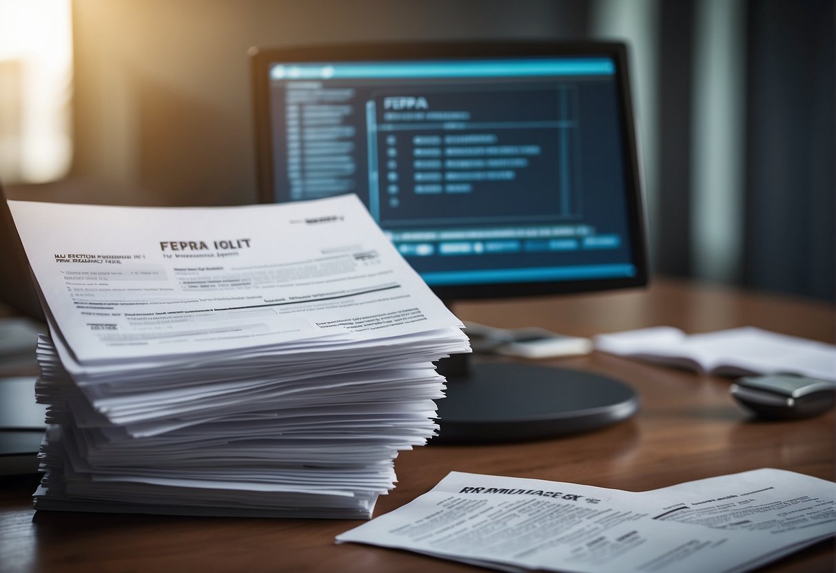 A stack of policy documents with "FERPA" prominently displayed. A computer screen showing data erasure process. Compliance checklist in the background