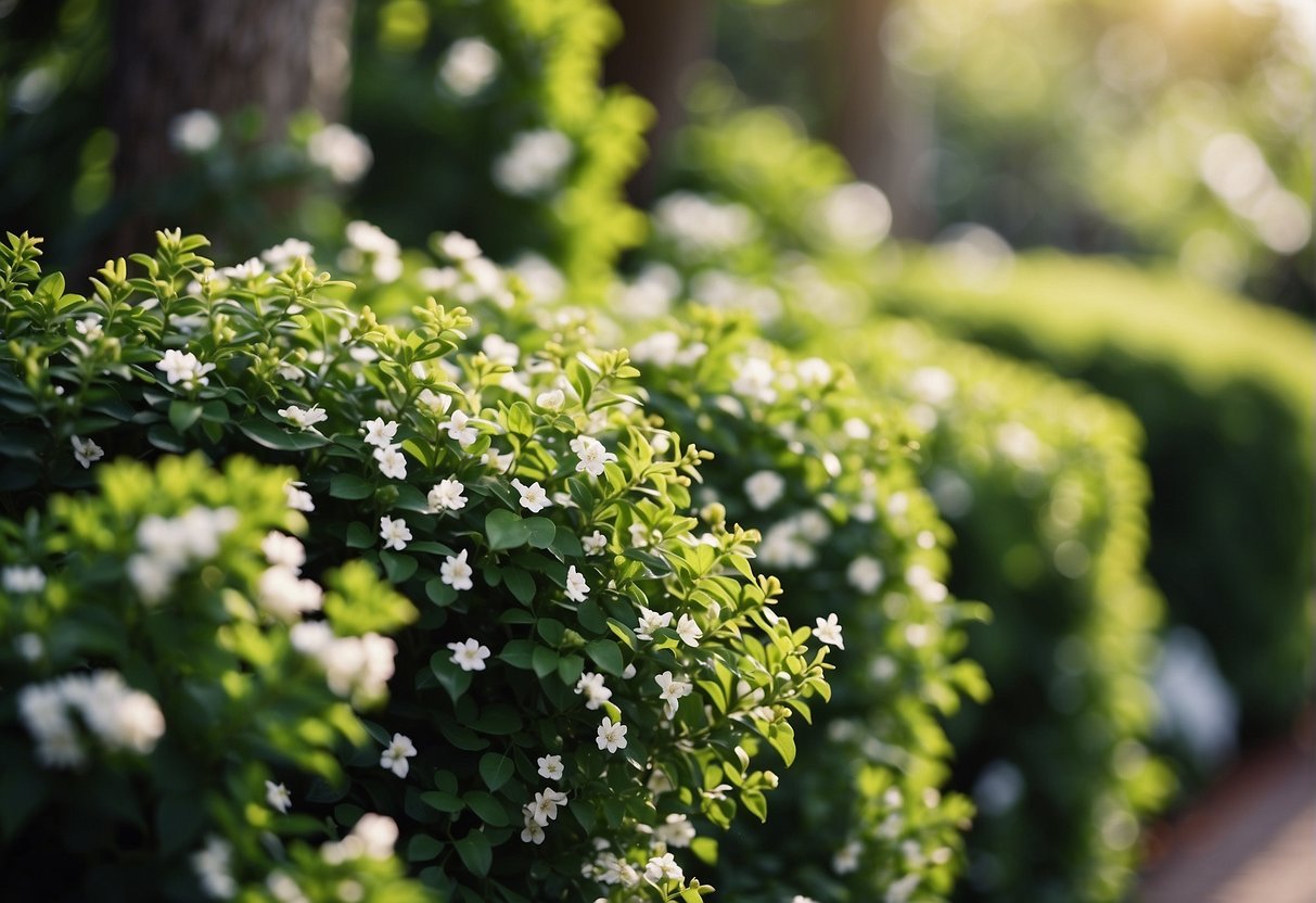 A lush green hedge with vibrant foliage and small delicate flowers