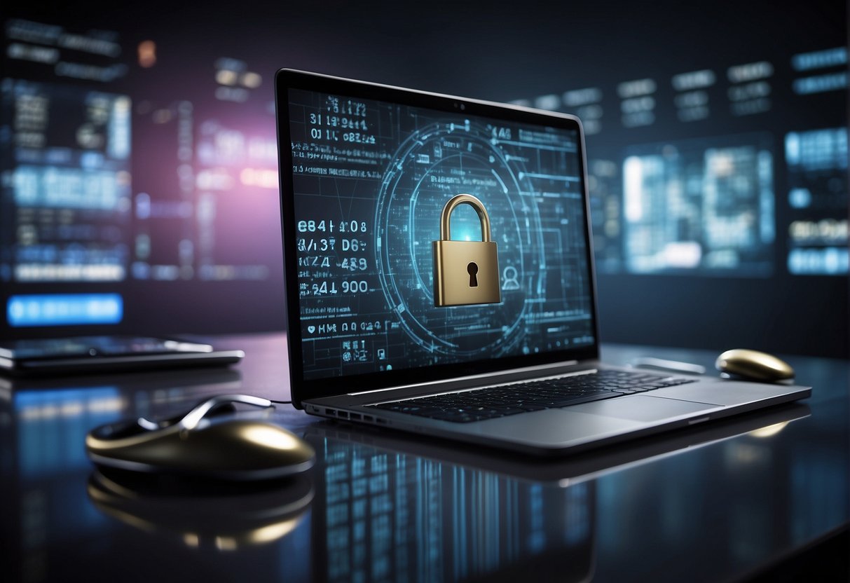 A computer screen displaying a secure data erasure process, with a padlock symbol and progress bar. Surrounding the screen are digital marketing elements such as social media icons and targeted ads