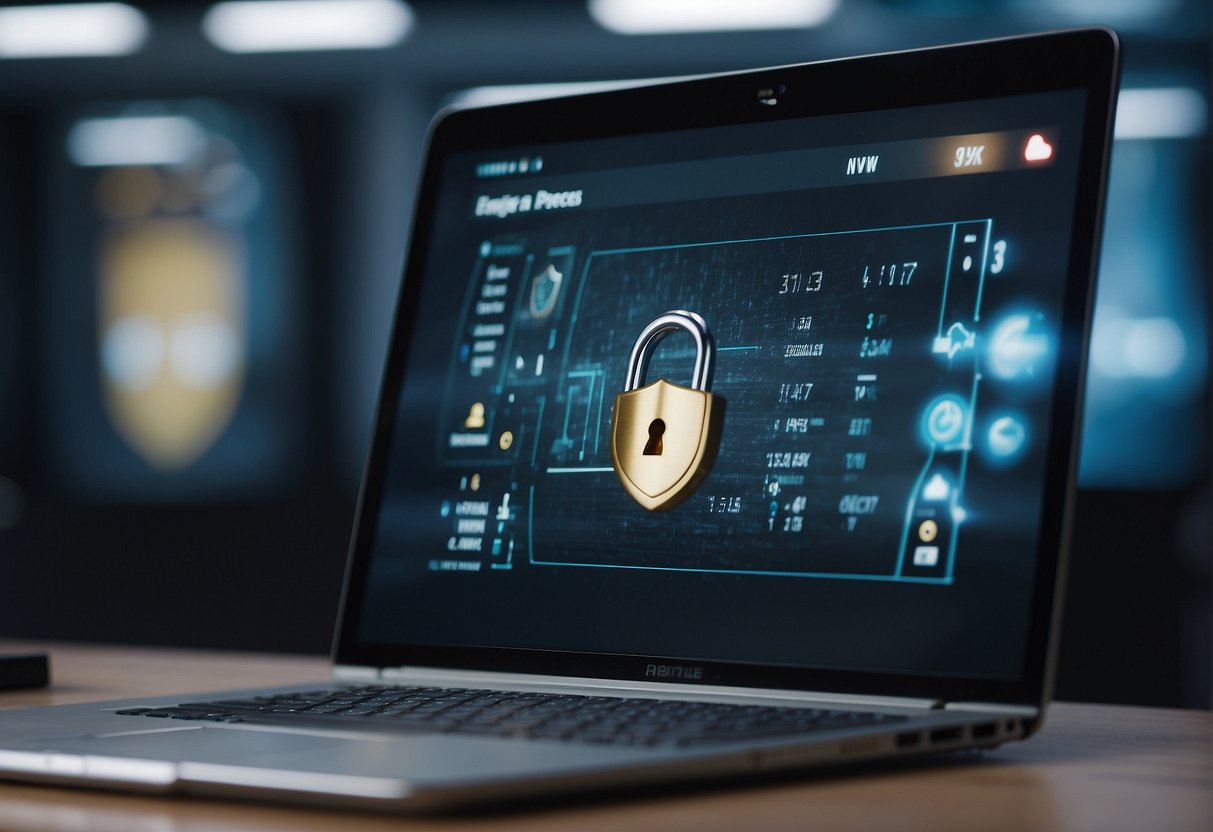 A computer screen displays a secure data erasure process with a padlock icon and a progress bar, while a shield symbolizes protection of consumer data in the background