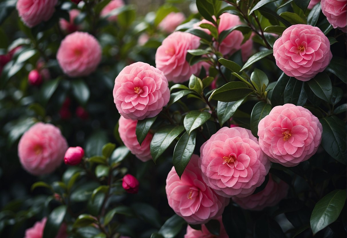 A dense, green hedge of camellia bushes with glossy leaves and vibrant pink flowers in full bloom