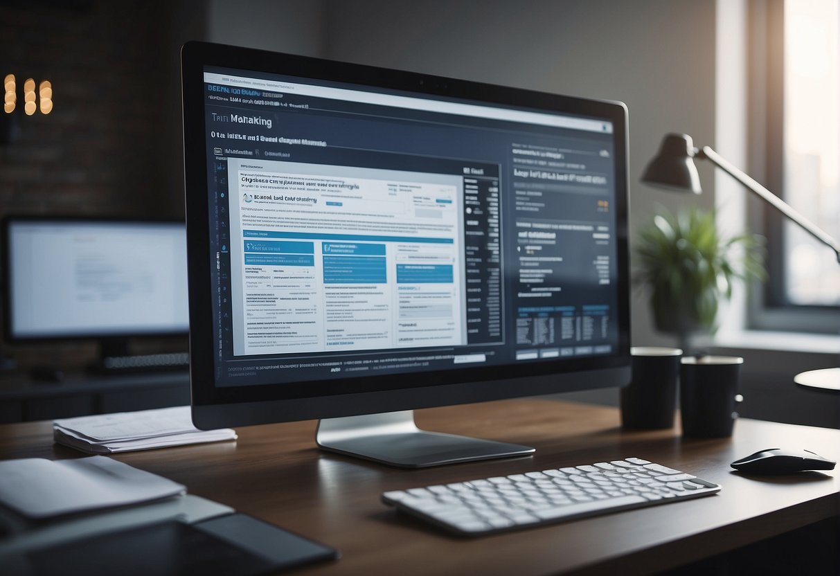 A computer screen displaying legal documents and data erasure tools in a digital marketing office