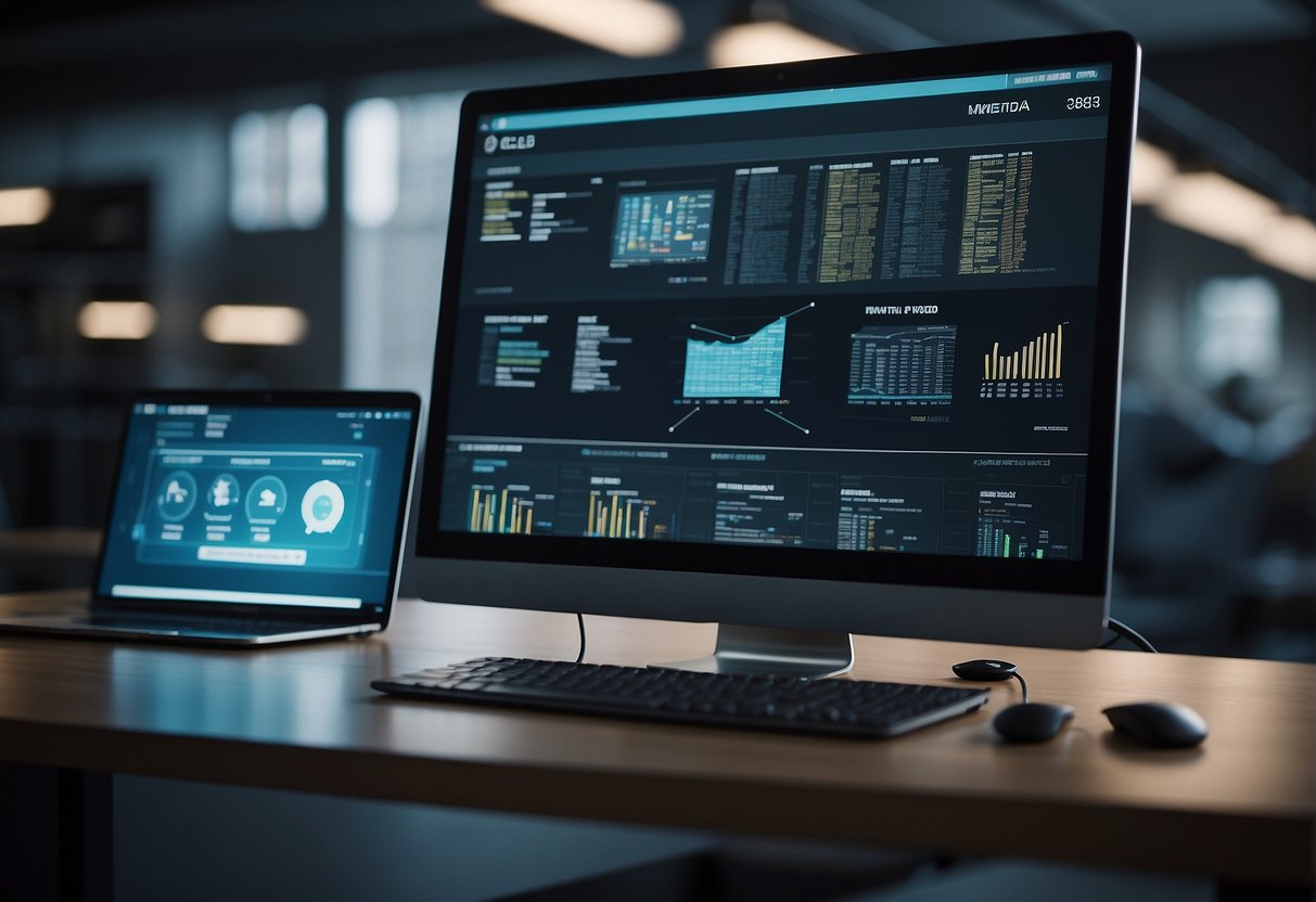 A computer screen displays a secure data erasure process, while a digital marketing platform is shown with a shield protecting consumer data