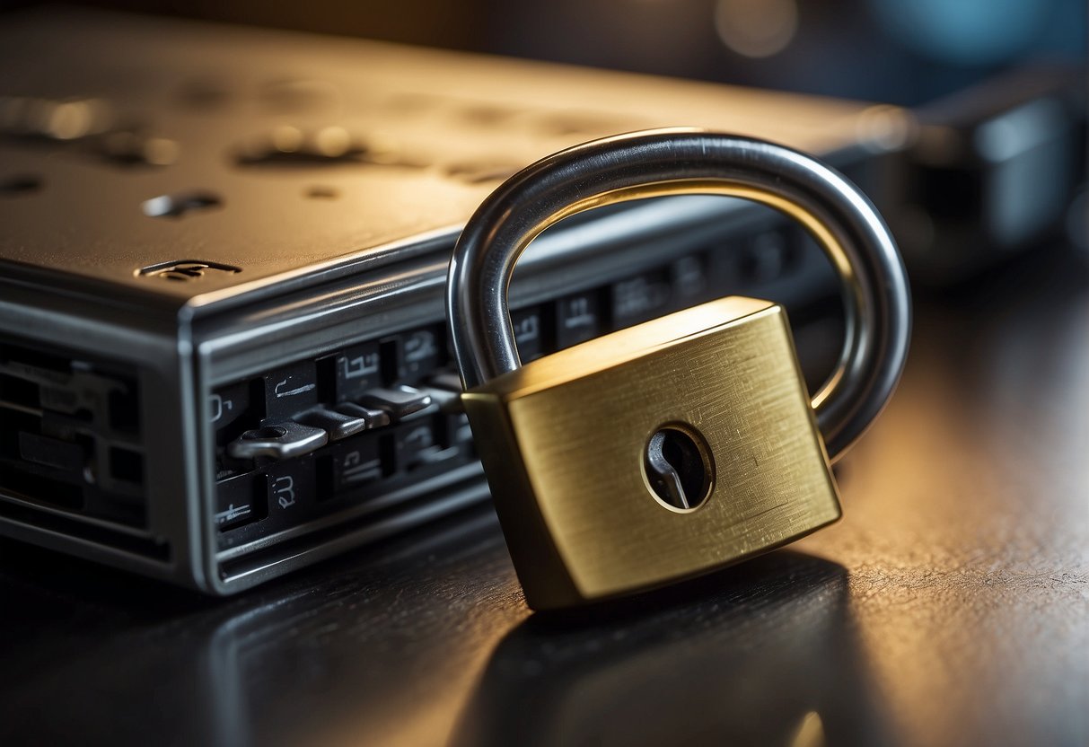 A padlock secures a digital device, while a shredder destroys documents. An "erase" button is pressed, and a digital file disappears