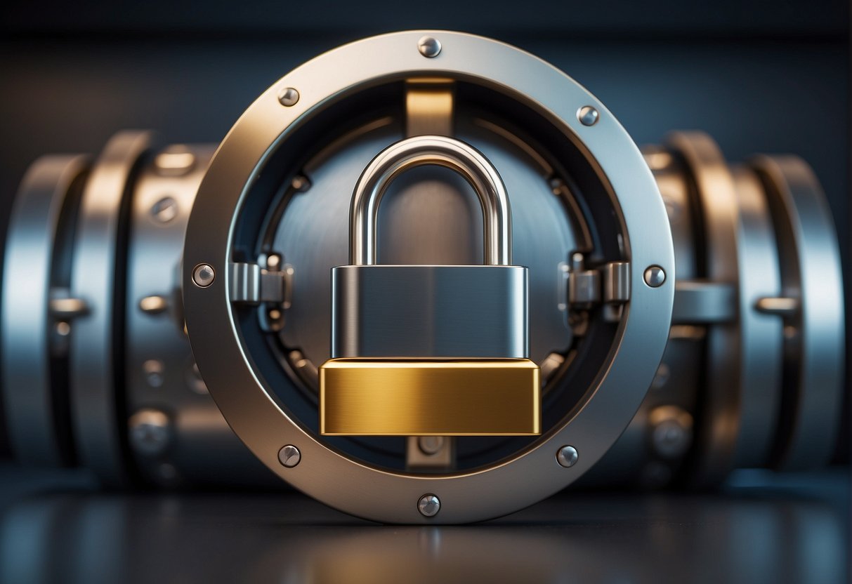 A locked vault with a digital padlock symbolizing the challenges of data erasure in digital marketing, surrounded by open doors representing the opportunities to protect consumer data