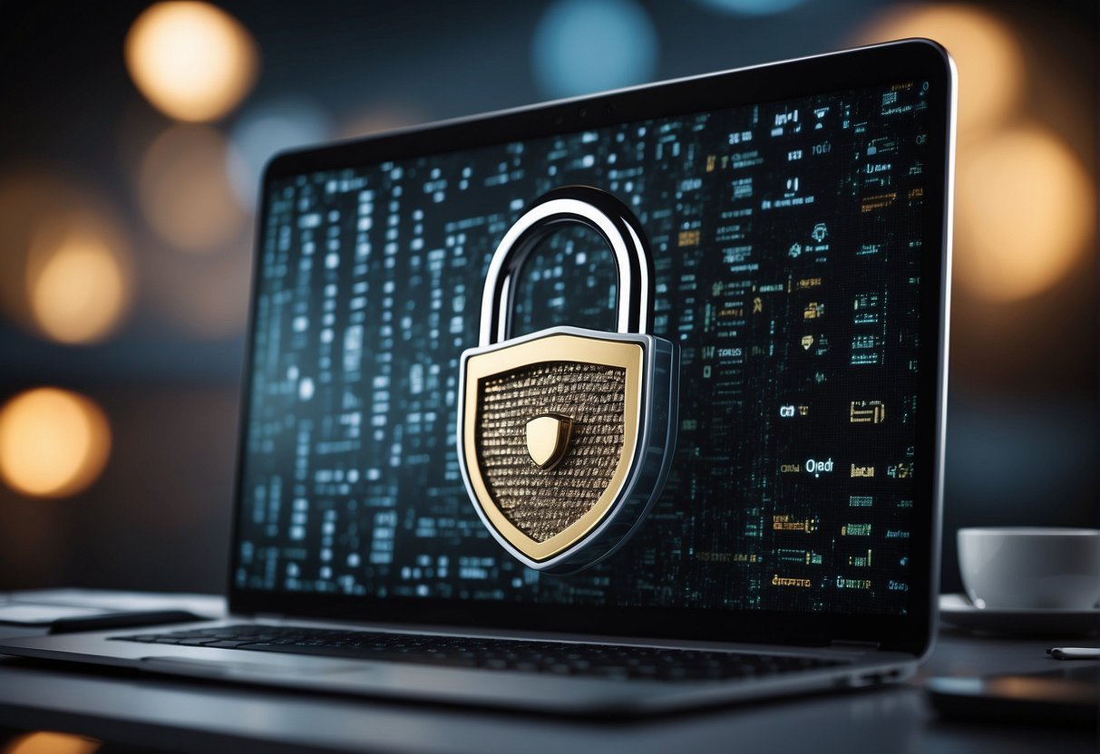 A computer screen displaying a secure data erasure process with a padlock icon, a shredder symbol, and a shield, surrounded by digital marketing icons