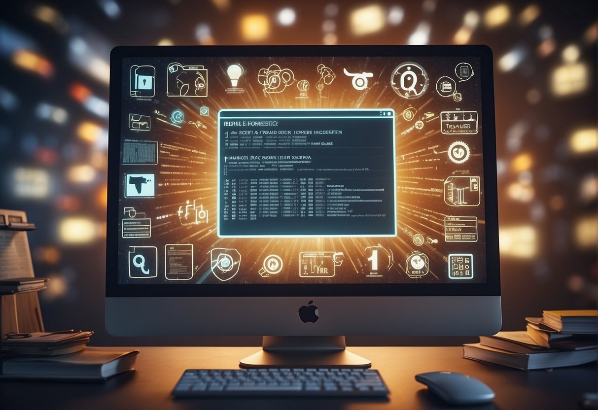 A computer screen displaying a list of FAQs on data erasure, surrounded by digital marketing icons and security symbols