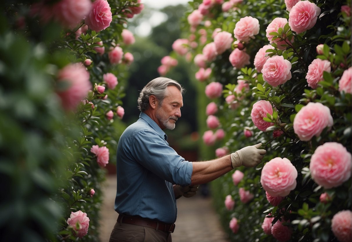 A gardener carefully tends to a lush camellia hedge, pruning and nurturing the delicate pink blooms