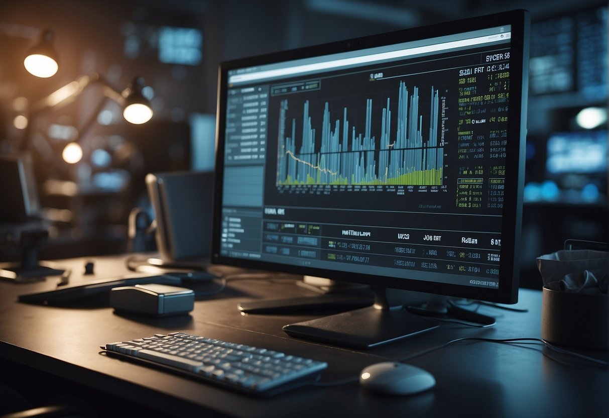 A computer screen displaying a data erasure process with a progress bar, while a hacker's tools and a penetration testing report are scattered on the desk
