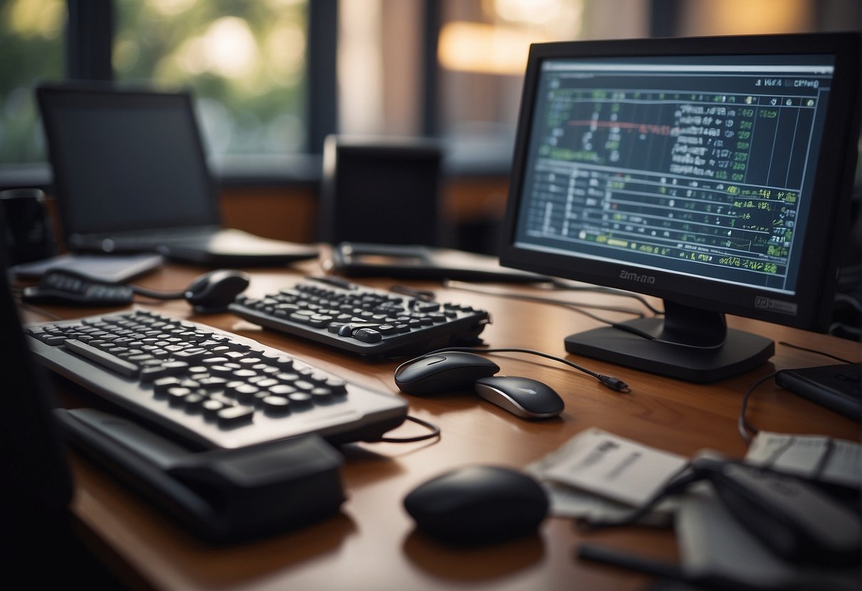 A computer monitor displaying a data erasure software interface, surrounded by scattered cables and a pen and notepad for note-taking