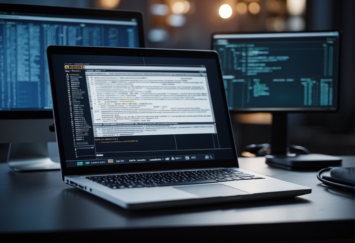 A computer screen displaying data erasure software with a hacker's toolkit in the background. An open book on ethical hacking techniques lies nearby