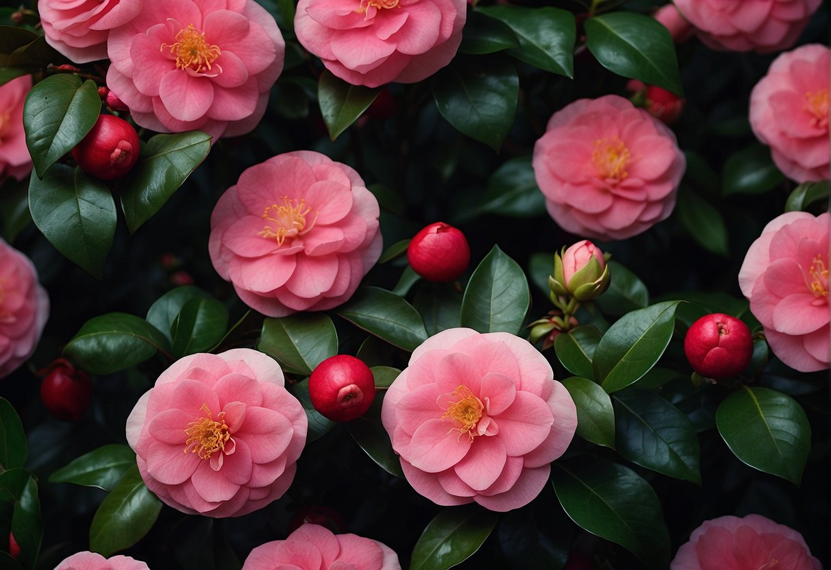 Lush camellia shrubs in full bloom, with vibrant pink and red flowers against a backdrop of dark green leaves