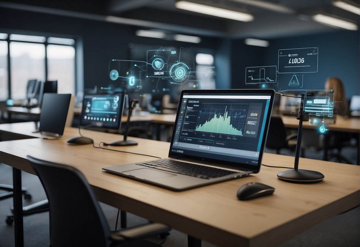 A classroom setting with AR devices and AI software interacting seamlessly, with a focus on data erasure protocols in AR training applications
