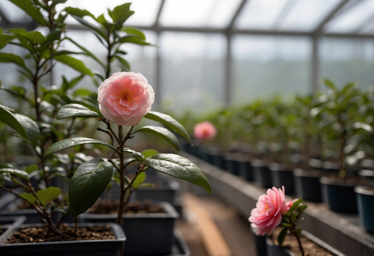 Camellia shrubs being propagated through cuttings in a greenhouse with misting system and trays of rooting hormone