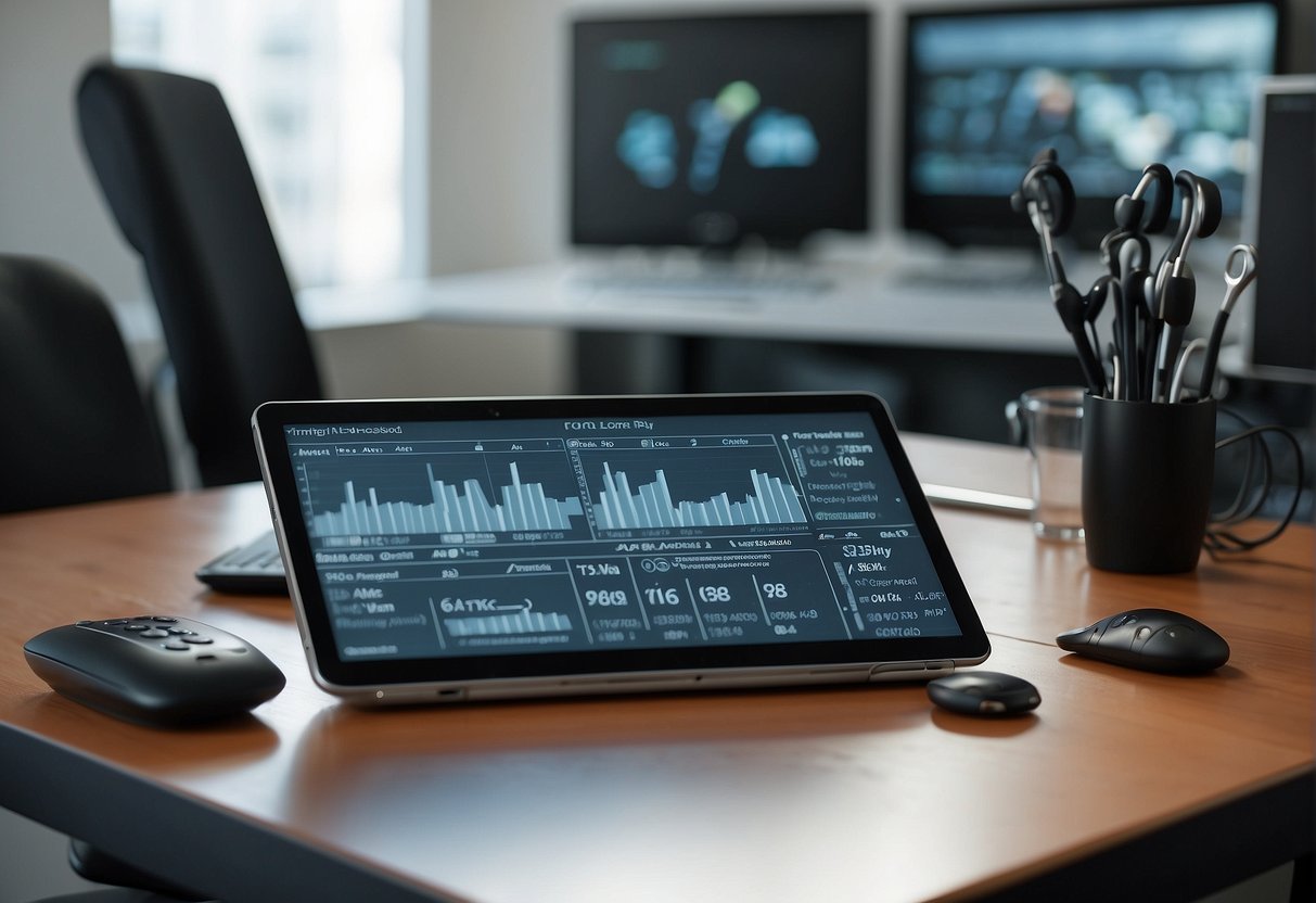 A table with various AR devices and data erasure tools. A computer screen shows AR training applications