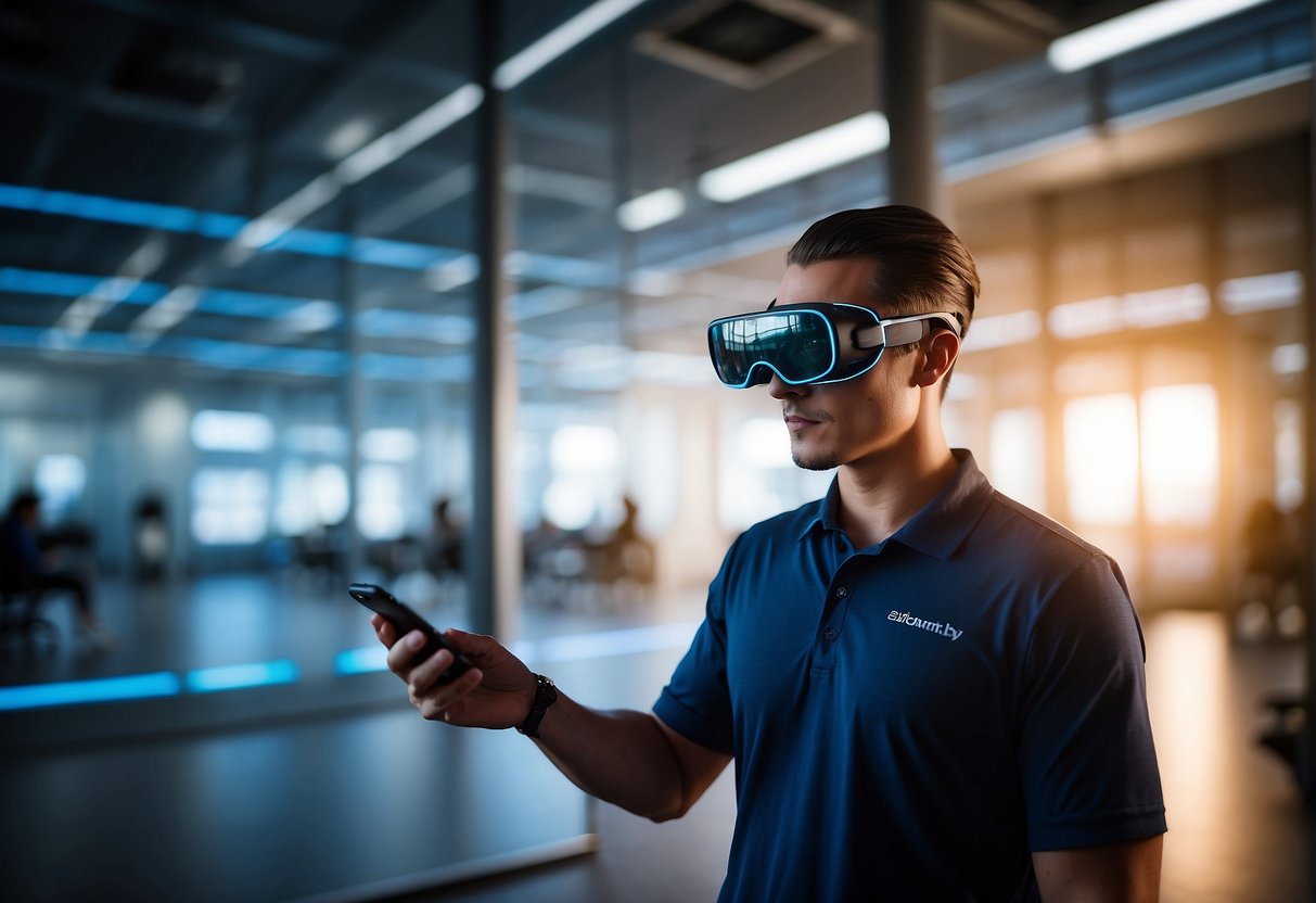 A person wearing AR glasses erases virtual data in a training simulation