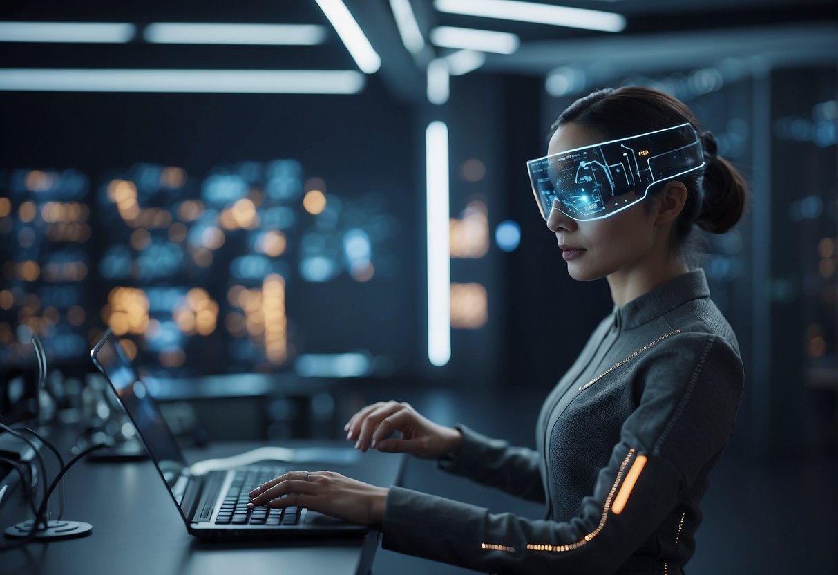 A futuristic AR training environment with data erasure processes in motion