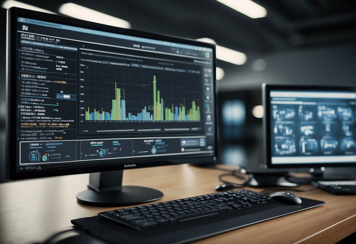 A computer monitor displaying an AR training application with a data erasure process being executed, surrounded by technical equipment and a secure environment