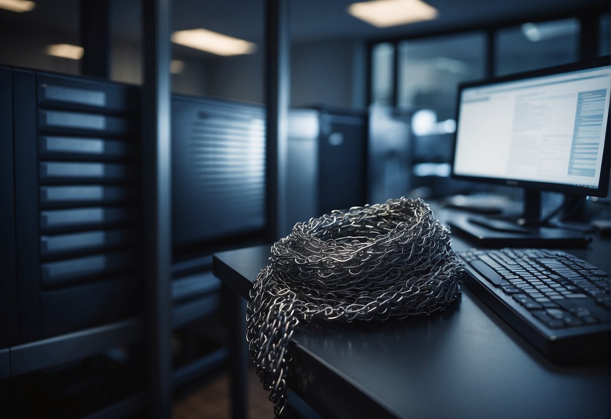 A secure room with a computer and a shredder, symbolizing the importance of data deletion in cybersecurity