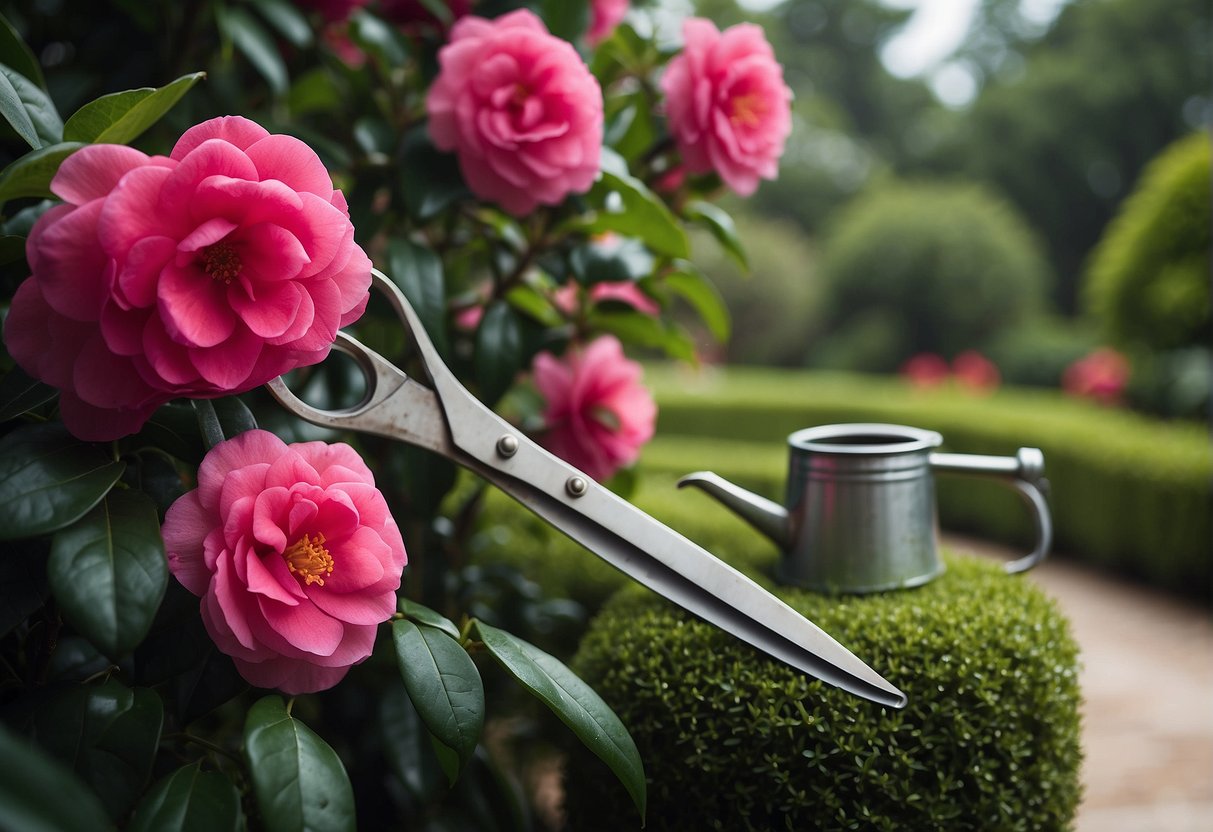 A pair of pruning shears trims the dense foliage of a camellia topiary, while a small watering can sits nearby, ready to nourish the carefully sculpted plant