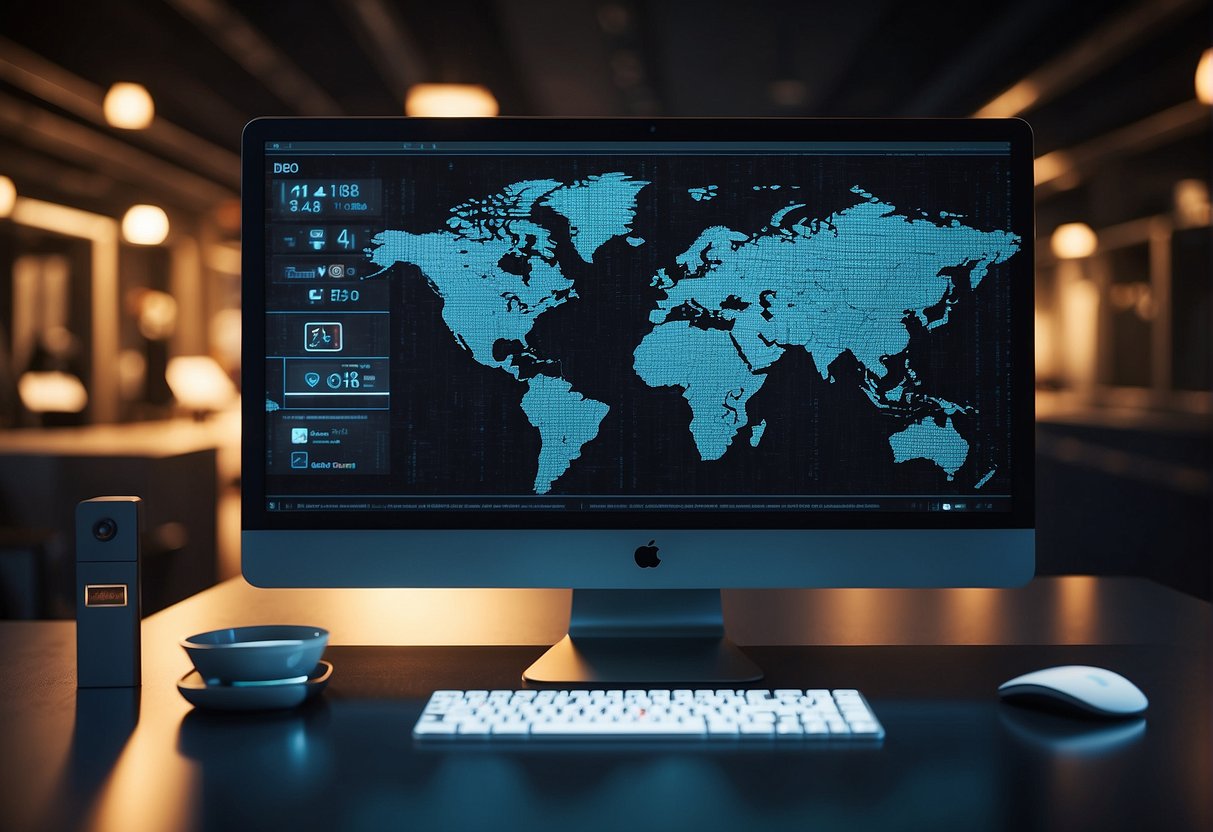 A computer screen displaying a secure data deletion process with a lock icon and a progress bar, surrounded by digital security symbols
