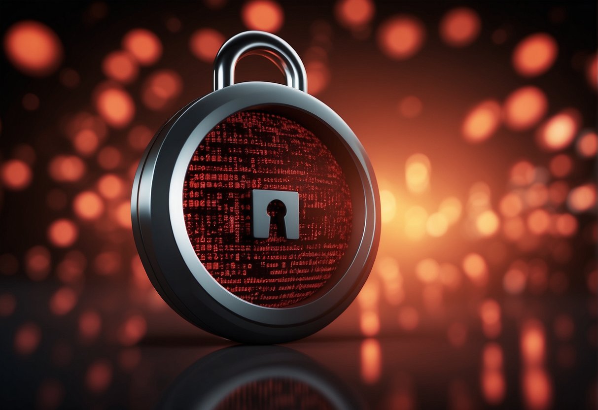 A computer screen displaying a security breach alert, with scattered files and a locked padlock symbol. The ominous red glow suggests the severity of the situation