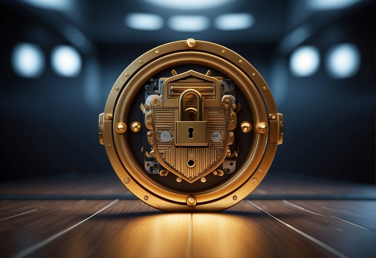 A locked vault with a digital lock, surrounded by a shield symbol, representing the importance of data deletion in cybersecurity