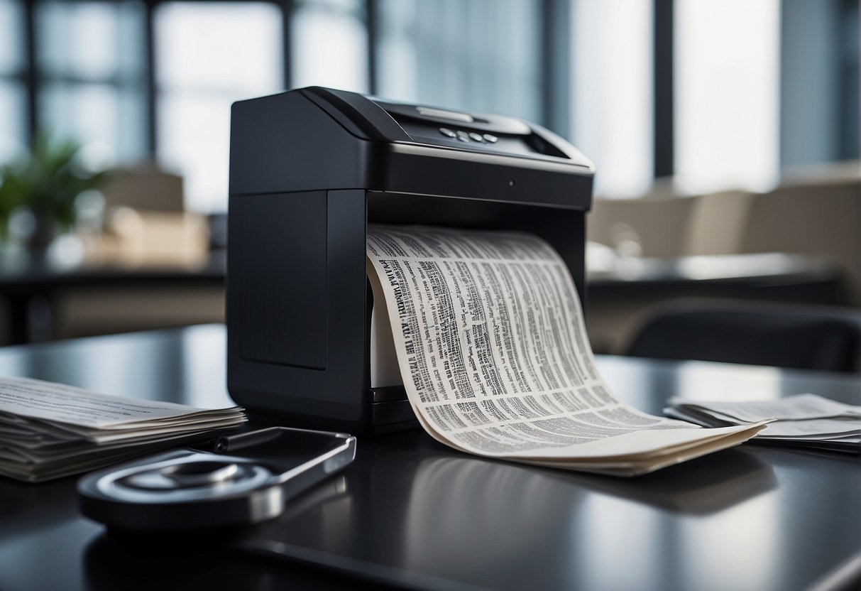 A document shredder sits next to a stack of papers labeled "Laws and Standards: The Importance of Data Deletion in Cybersecurity." The shredder is in motion, cutting the papers into strips