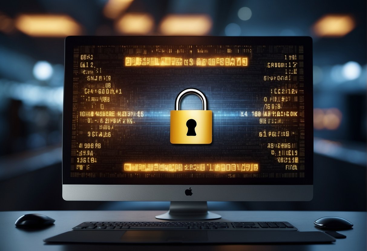 A computer screen displaying a secure data deletion process with a padlock symbol and a progress bar, surrounded by cautionary warning signs