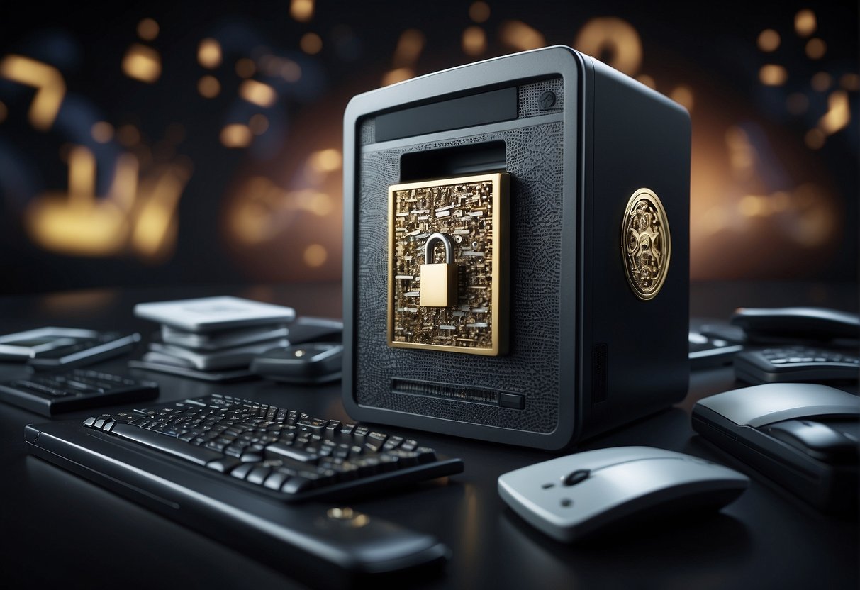 A computer with a shredder icon deleting data, surrounded by security symbols and a lock