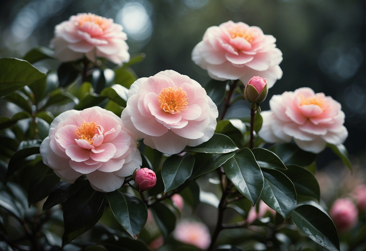 Three blooming camellia flowers in a garden