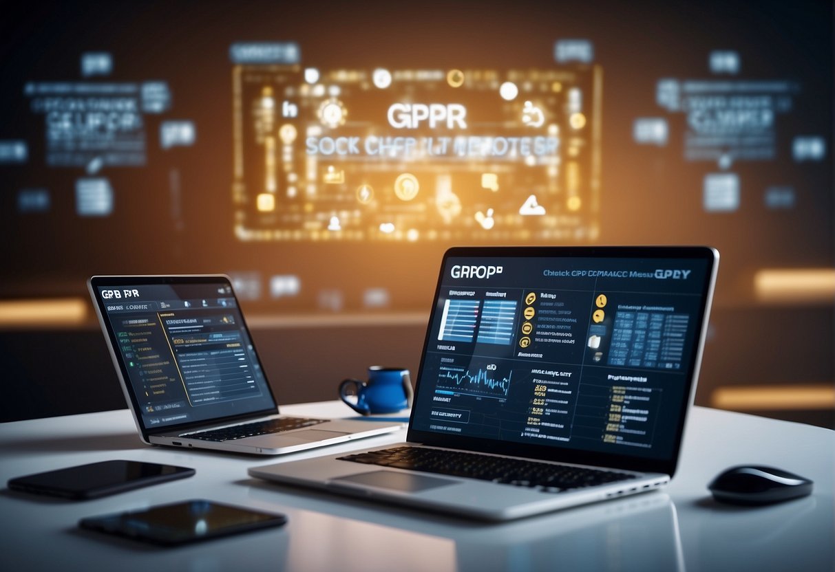 A computer screen displays a checklist of GDPR compliance measures, surrounded by security lock icons and data protection symbols