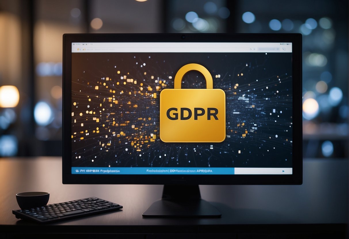 A computer screen displays GDPR regulations with a lock icon. Data deletion software ensures GDPR compliance