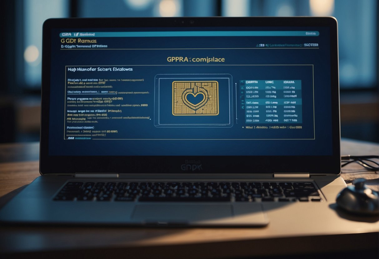 A computer screen displaying GDPR compliance software in action, with a lock icon symbolizing data protection