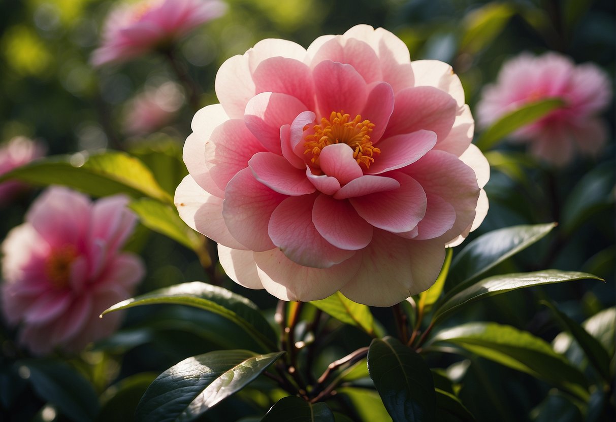 Vibrant camellia Chinese flowers bloom in a lush garden setting, surrounded by delicate green leaves and dappled sunlight