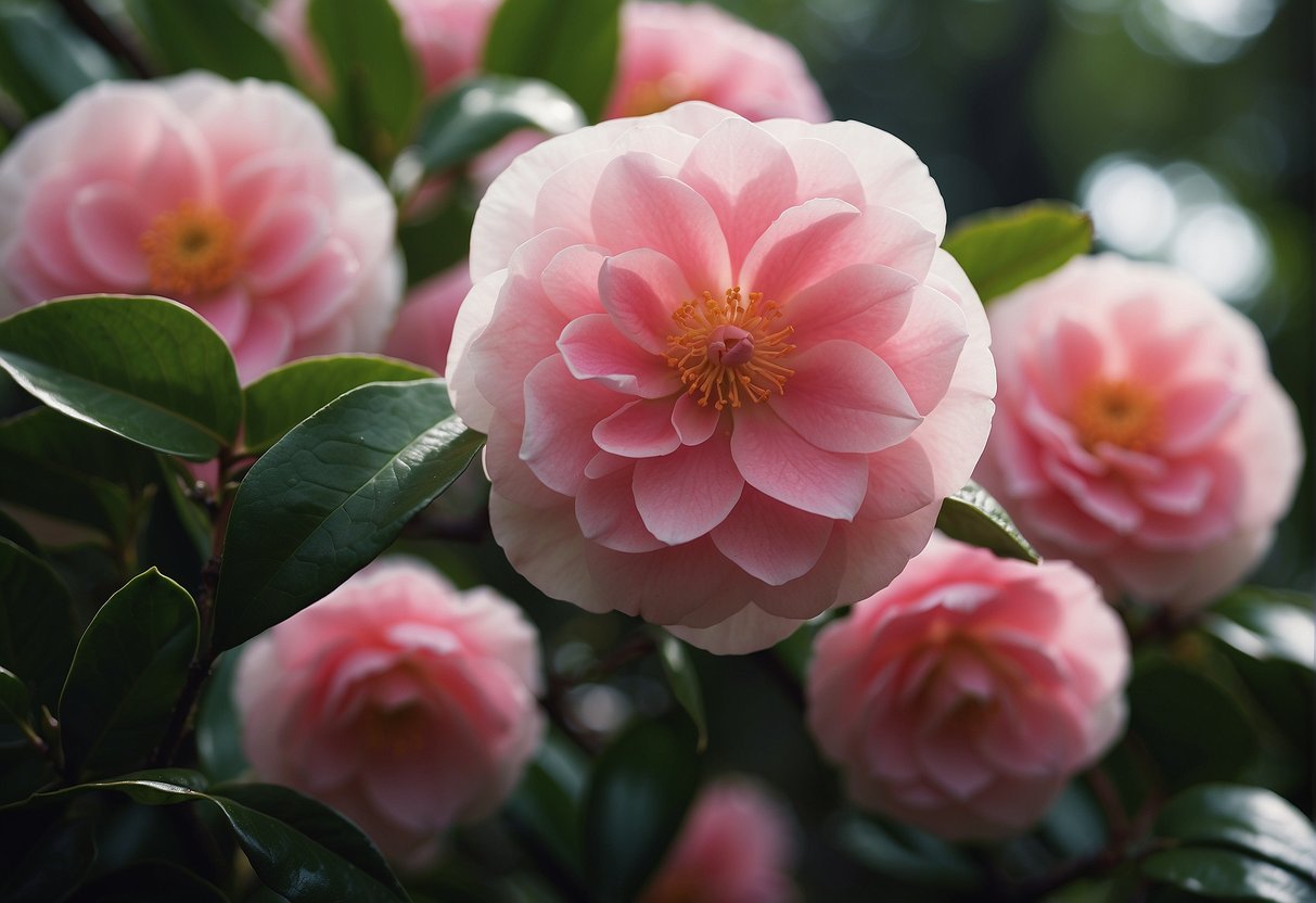 A vibrant camellia Chinese plant with glossy green leaves and delicate pink flowers in full bloom