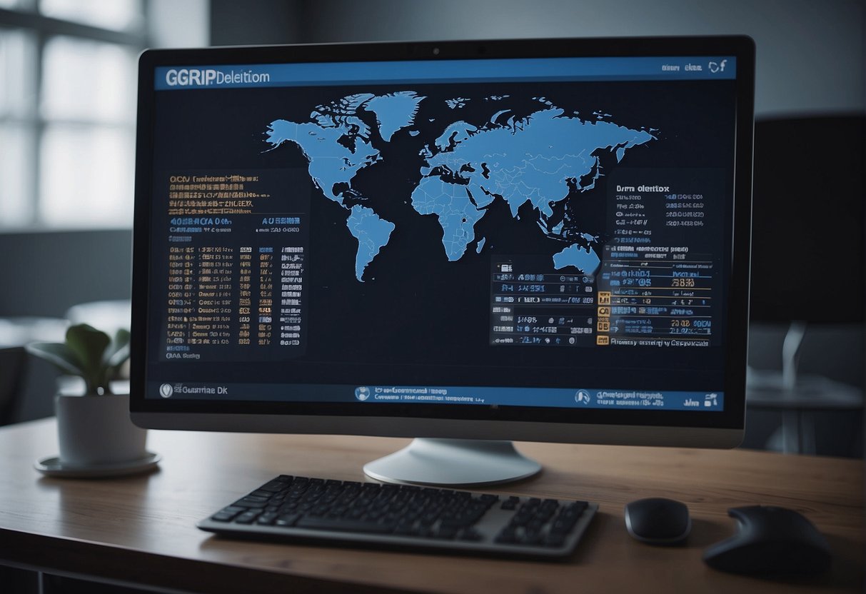 A computer screen displays a data deletion software program ensuring GDPR compliance