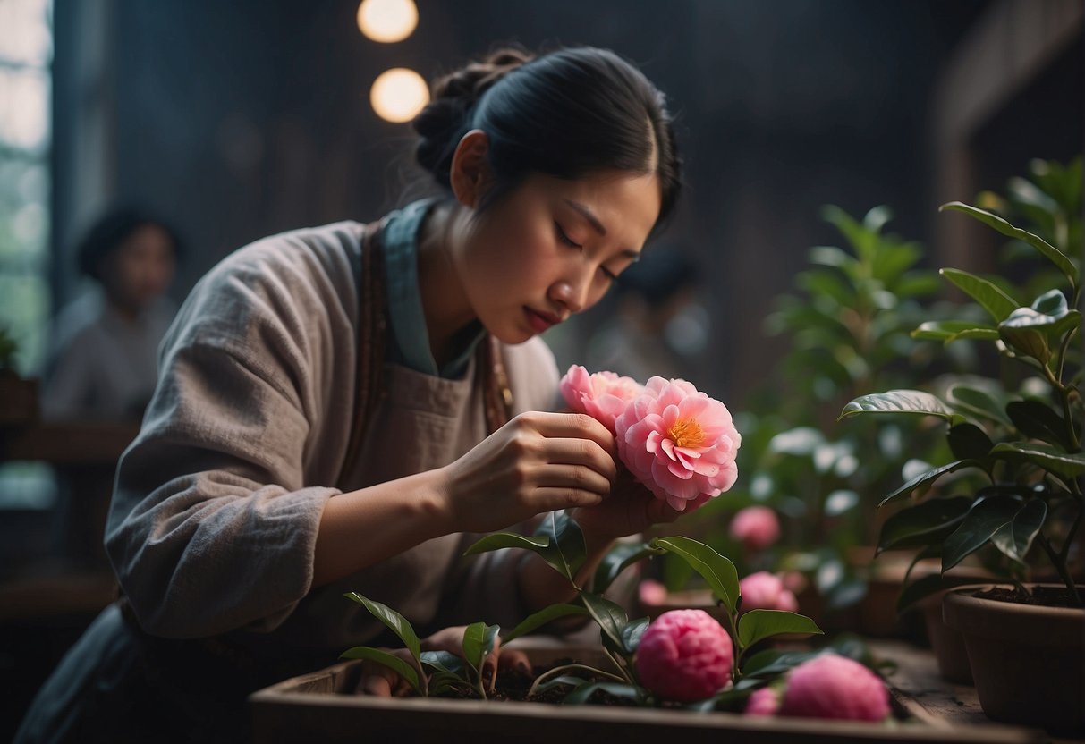 A camellia flower is being carefully harvested and prepared for medicinal use in a traditional Chinese apothecary