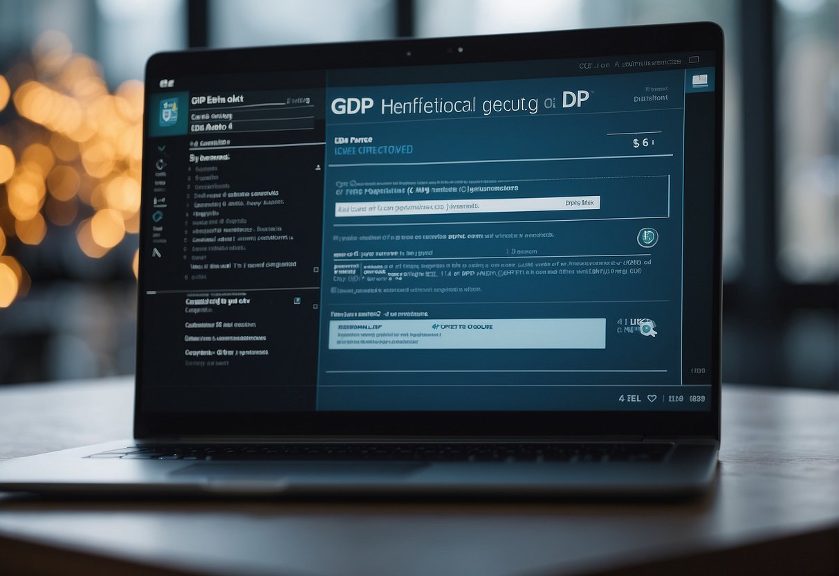 A computer screen displaying GDPR compliance settings software with a checklist of data protection measures