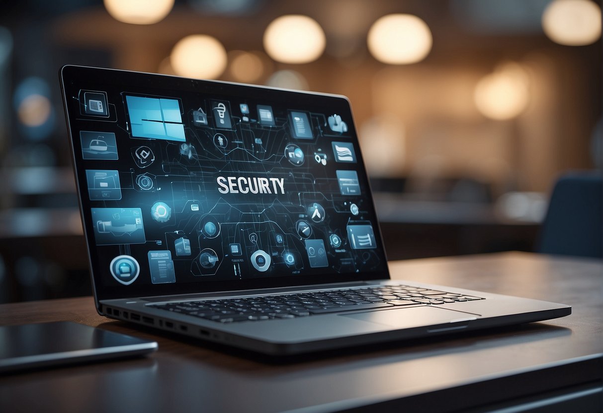 A laptop surrounded by security tools and settings icons