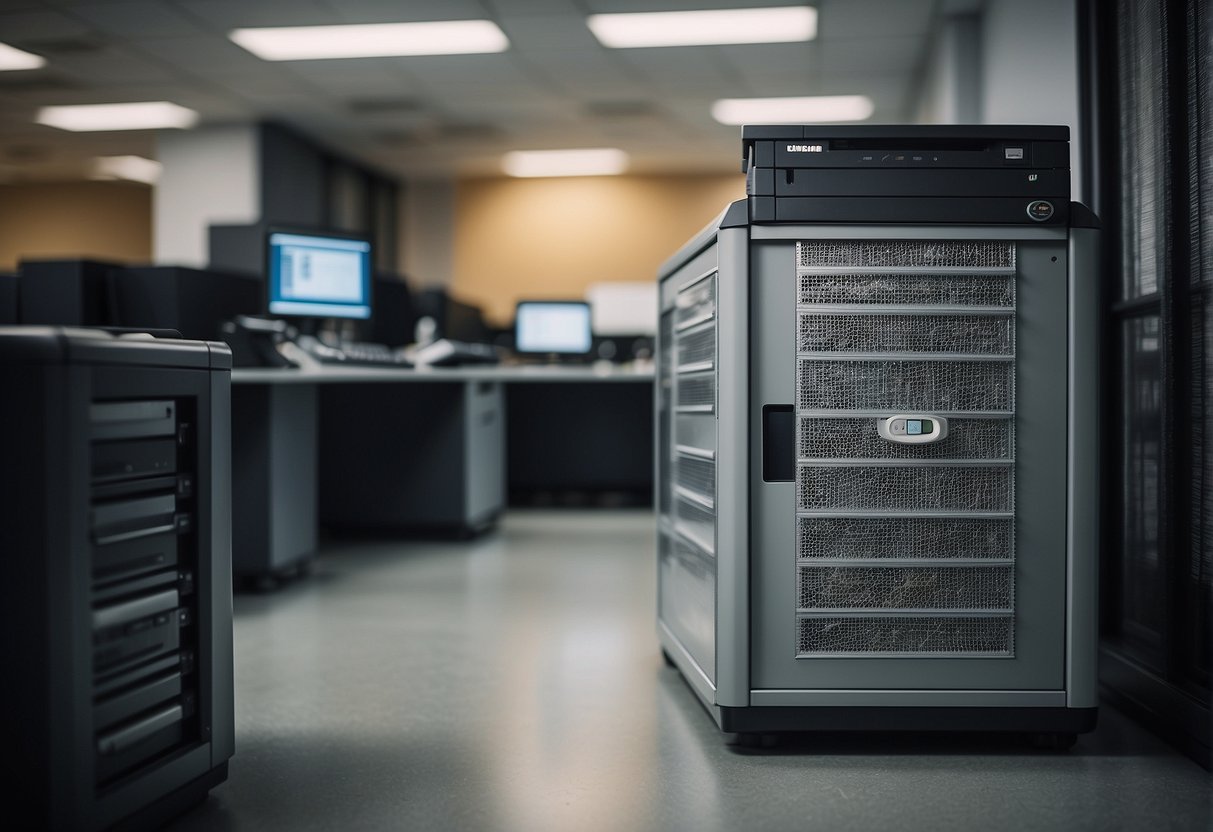 A secure office setting with locked cabinets, encrypted computers, and a shredder for data destruction
