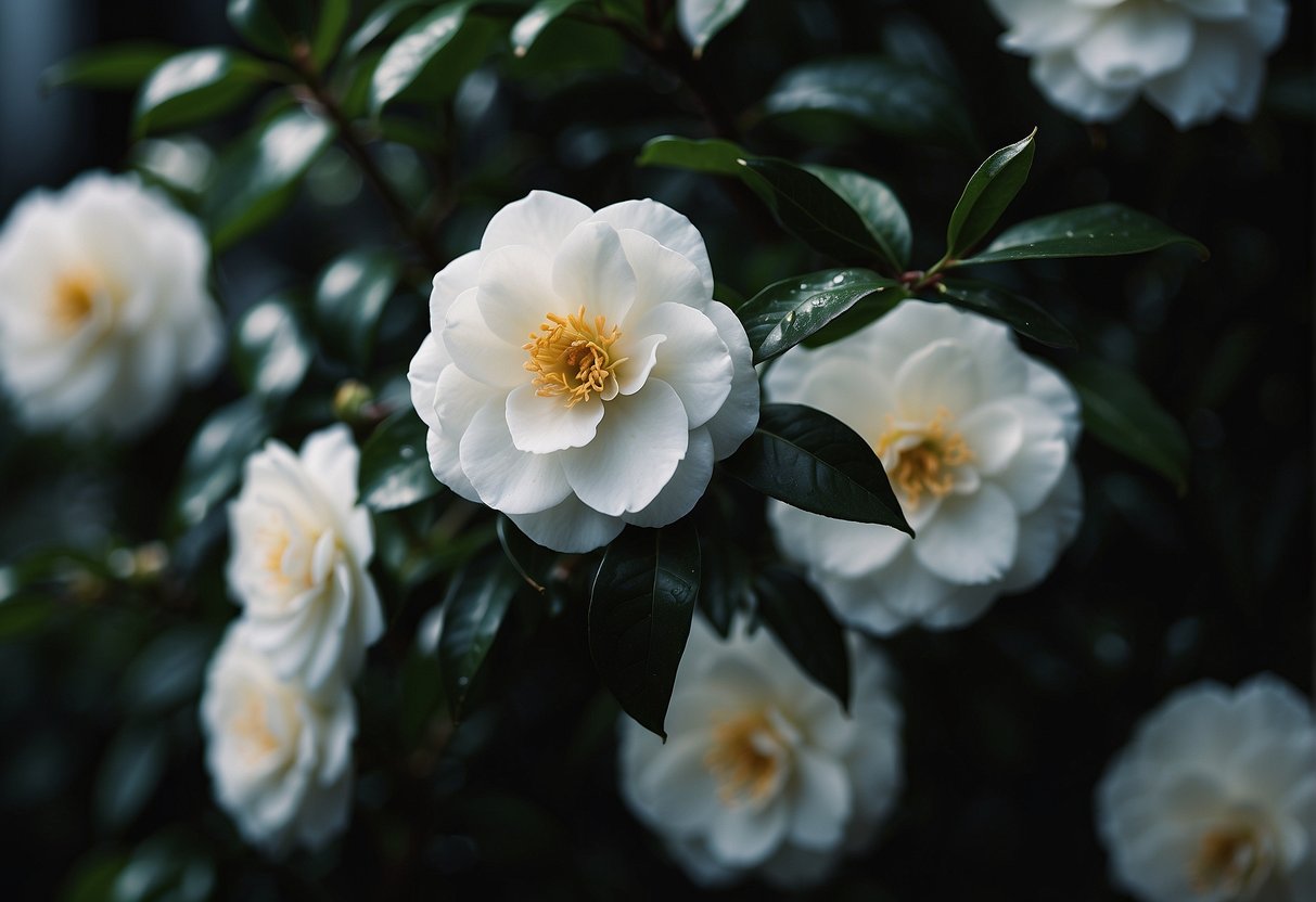 White camellias bloom against a backdrop of dark green leaves