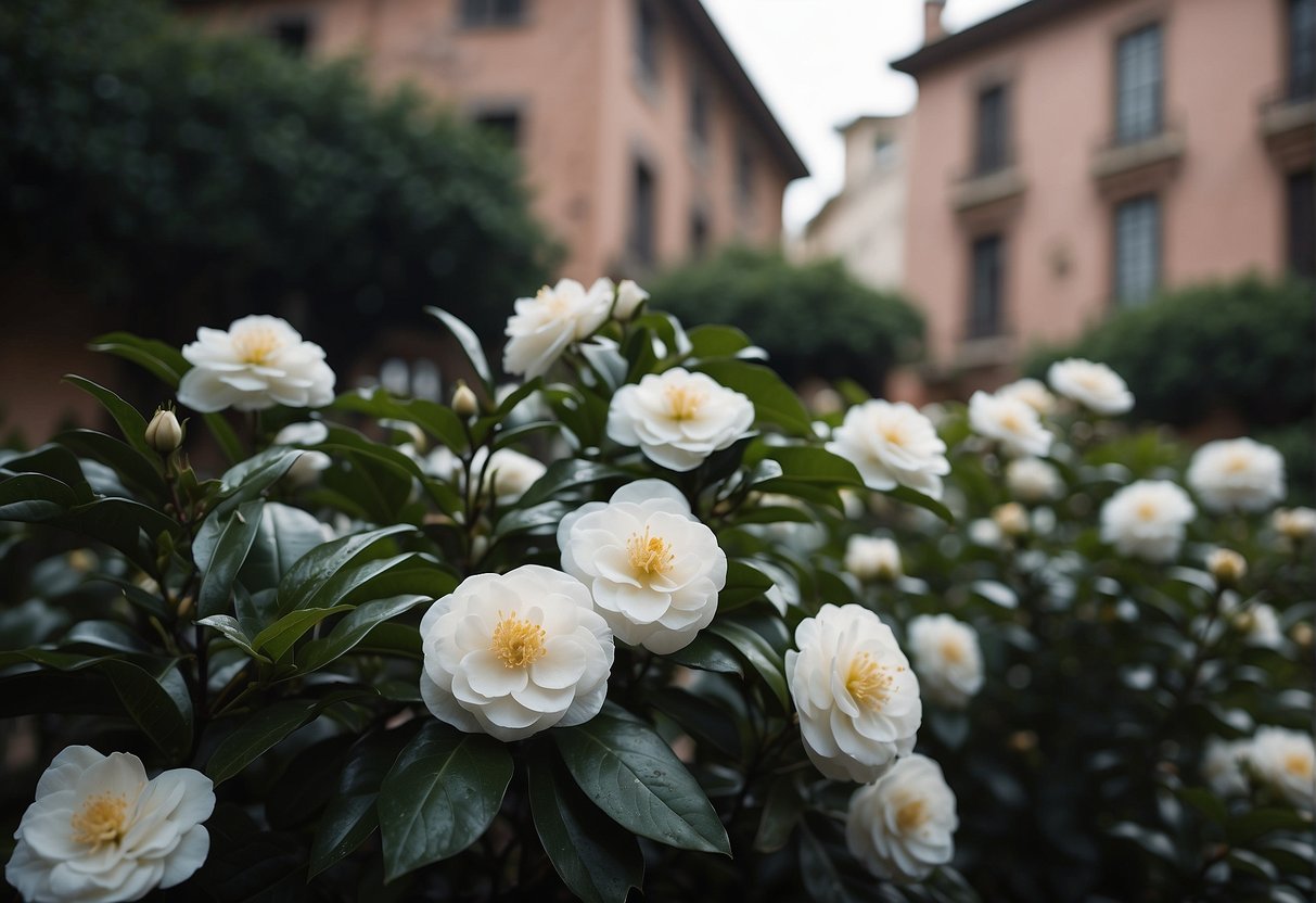 White camellias bloom in a lush garden, surrounded by historical buildings. Their delicate petals stand out against the greenery, symbolizing the rich history of camellias