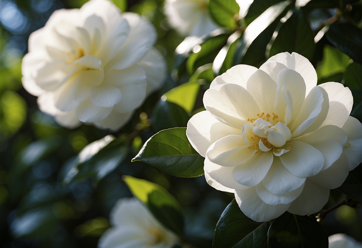 White camellias bloom against a backdrop of lush green foliage, their delicate petals unfurling gracefully in the dappled sunlight