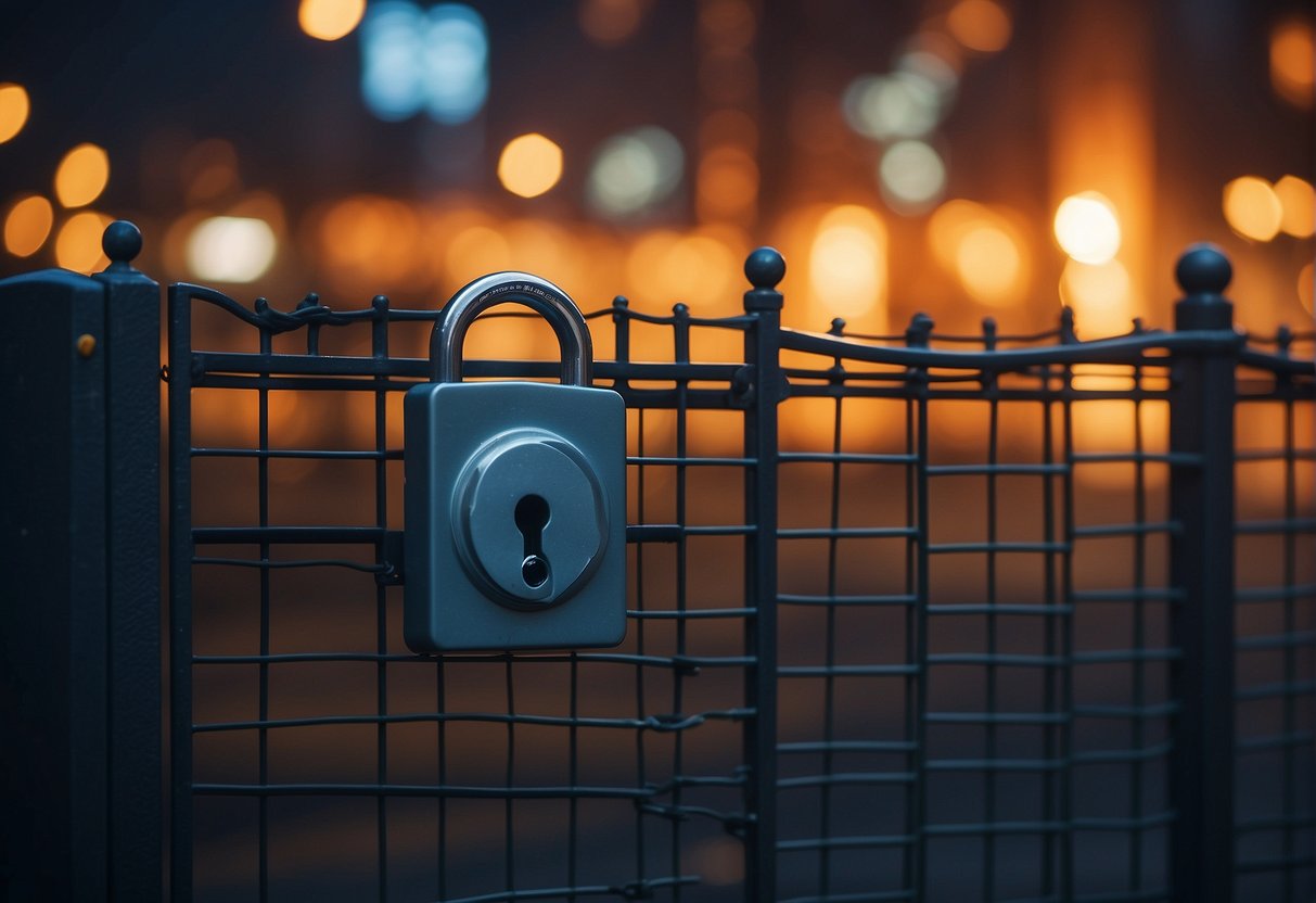 A locked gate with a high-tech security system and a firewall protecting a network of computers from potential cyber attacks