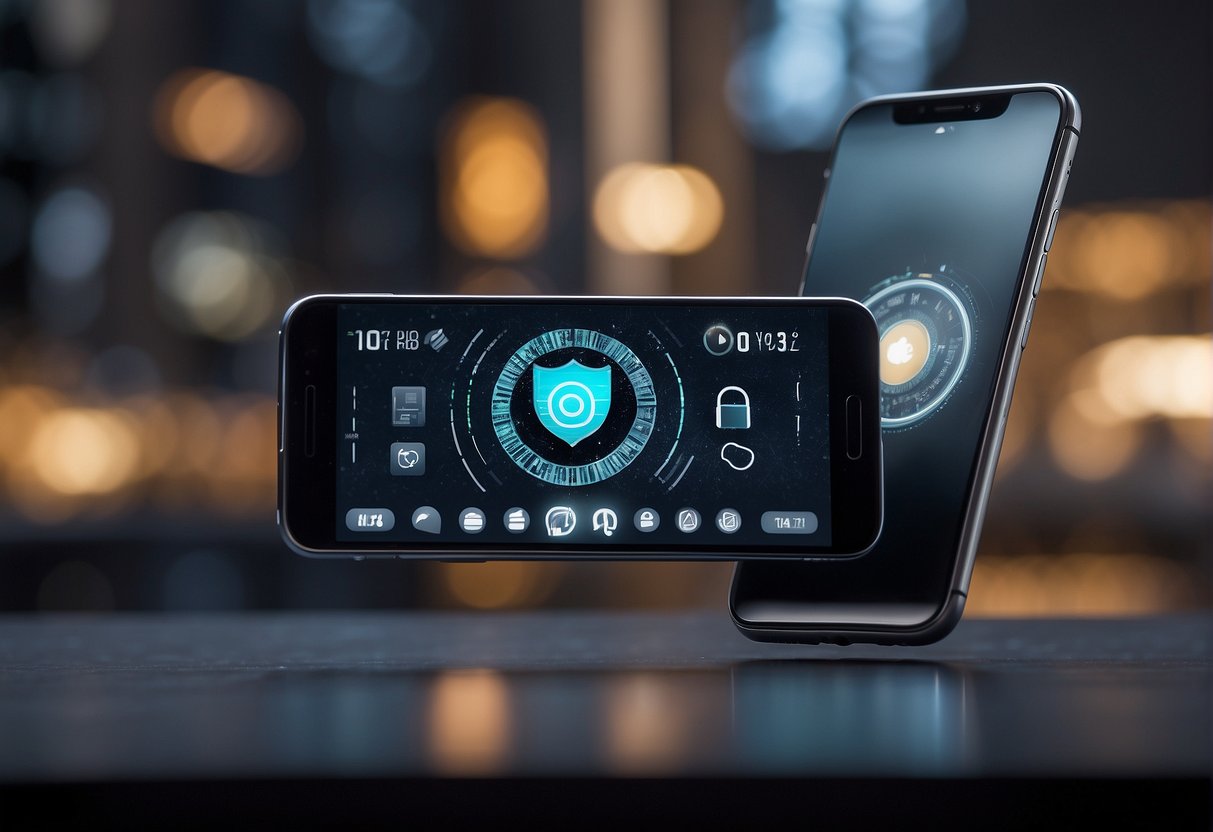A mobile device with a secure lock screen, surrounded by a shield representing digital security for remote work