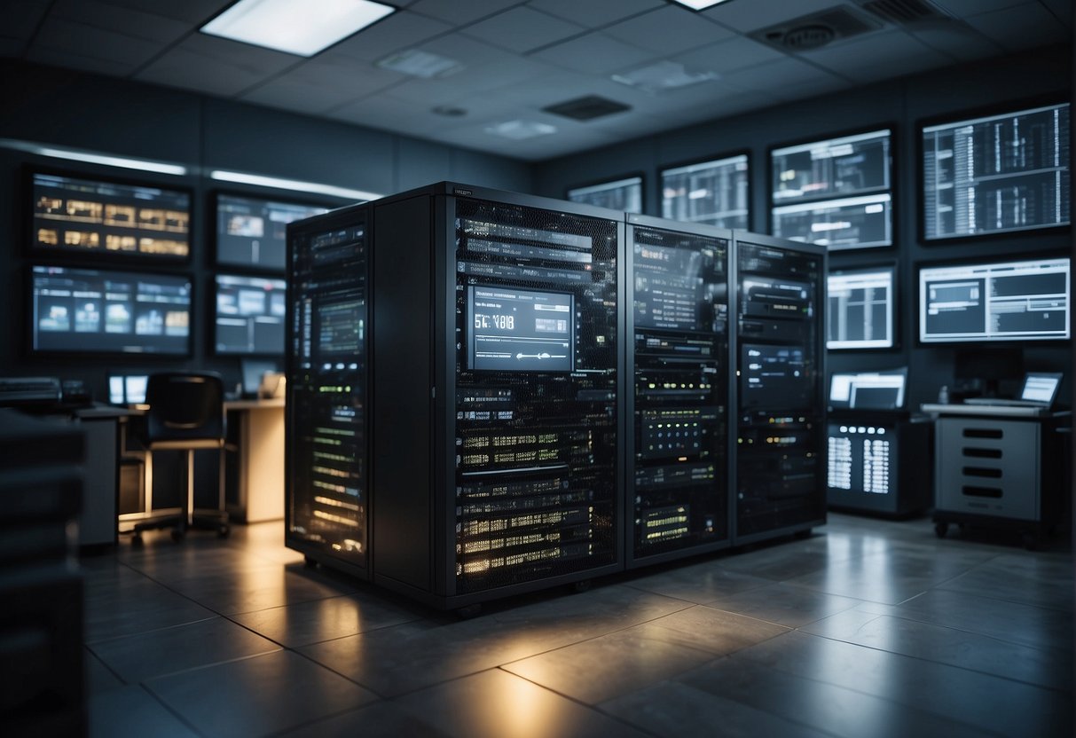 A secure server room with backup tapes and a detailed disaster recovery plan displayed on a computer screen