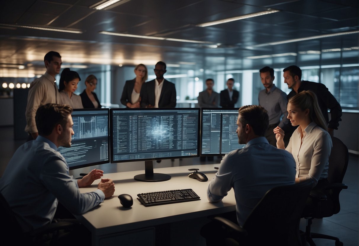 A group of people gathered around a computer, sharing knowledge on top data wiping methods for business security