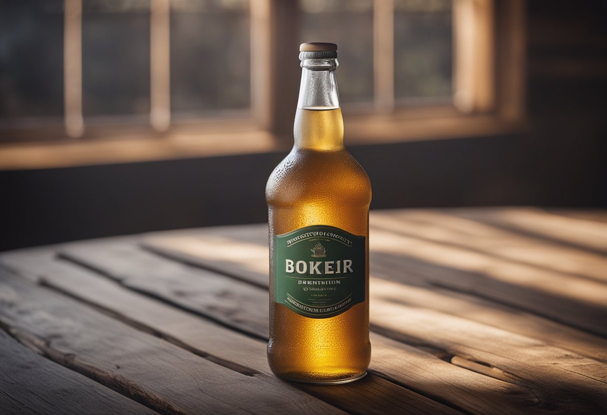 A clear glass beverage bottle sits on a rustic wooden table, condensation forming on the outside. The label is simple and elegant, with the liquid inside appearing refreshing and inviting