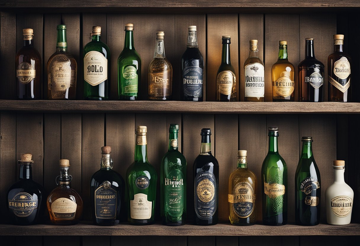 A collection of old and new beverage bottles arranged on a rustic wooden shelf, showcasing the evolution of bottle design over time